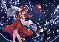 Rule 34 | 1girl, armband, ascot, backlighting, between fingers, bow, breasts, brown hair, cloud, detached sleeves, frilled bow, frills, full moon, gohei, hair bow, hair tubes, hakurei reimu, hakurei shrine, highres, holding, knees together feet apart, legs, long hair, long skirt, looking to the side, md5 mismatch, moon, moonlight, night, night sky, orange moon, perspective, pi-pie, red bow, red eyes, red shirt, red skirt, resolution mismatch, sarashi, serious, shirt, skirt, sky, small breasts, solo, source smaller, star (sky), starry sky, talismans, torii, touhou, tree, water, waves, wide sleeves, wind