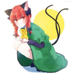 Rule 34 | 1girl, adapted costume, animal ears, bow, braid, cat ears, cat tail, dress, green dress, highres, kaenbyou rin, kuroda (chokobo 314), light smile, looking at viewer, multiple tails, one-hour drawing challenge, red eyes, red hair, solo, squatting, tail, touhou, twin braids, twitter username, two tails