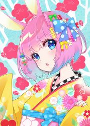 Rule 34 | 1girl, animal ears, beads, blue bow, blue eyes, bow, eyelashes, flower, green bow, hair beads, hair bow, hair ornament, highres, japanese clothes, kimono, looking at viewer, multiple hair bows, nikku(user grkf3753), open mouth, original, pink hair, plum blossoms, rabbit ears, red nails, short hair, solo, wide sleeves, yellow bow