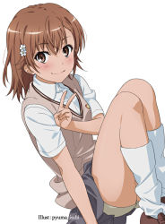 Rule 34 | 1girl, arm support, artist name, asymmetrical bangs, blush, breasts, brown eyes, brown footwear, brown hair, brown shorts, brown sweater vest, closed mouth, commentary, dress shirt, flower, full body, grey skirt, hair flower, hair ornament, hair strand, hairclip, isshi pyuma, knees up, loafers, looking at viewer, loose socks, misaka mikoto, school uniform, shirt, shoes, short hair, short sleeves, shorts, shorts under skirt, simple background, sitting, skirt, small breasts, smile, socks, solo, sweater vest, symbol-only commentary, toaru kagaku no railgun, toaru majutsu no index, tokiwadai school uniform, twitter username, v, v-neck, white background, white flower, white shirt, white socks