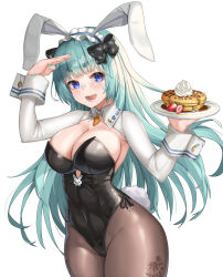 Rule 34 | 1girl, absurdres, animal ears, aqua hair, aqua nails, black leotard, blue eyes, blunt bangs, bow, breasts, brown pantyhose, carrot charm, cleavage, cowboy shot, cream, cream on face, crop top, detached collar, fake animal ears, fake tail, floral print, food, food on face, frilled hairband, frills, hair bow, hairband, headband, highleg, highleg leotard, highres, hosu 96, large breasts, leotard, light blush, long hair, mint, nail polish, open mouth, original, pantyhose, playboy bunny, rabbit charm, rabbit ears, rabbit tail, salute, shiny clothes, simple background, smile, solo, tail, thick eyebrows, tray, very long hair, waffle, white background, wide hips, wrist cuffs