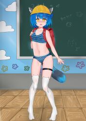 Rule 34 | 1girl, absurdres, animal ears, backpack, bag, belly, blue hair, blush, blush stickers, bra, breasts, chalkboard, character name, cloud, commission, floor, hair ornament, hairclip, hat, highres, idol corp, jaqui, navel, open mouth, panties, poko rakun, raccoon ears, raccoon tail, randoseru, short hair, small breasts, solo, striped bra, striped clothes, striped panties, tail, thighhighs, thighs, underwear, underwear only, virtual youtuber, wall, yellow eyes