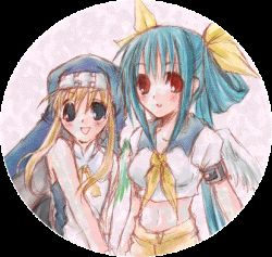 Rule 34 | 1boy, 1girl, arc system works, asymmetrical wings, blonde hair, blue eyes, blue hair, blue sailor collar, bridget (guilty gear), chibi, dizzy (guilty gear), gif artifacts, guilty gear, guilty gear xx, lowres, red eyes, round image, sailor collar, transparent background, trap, wings