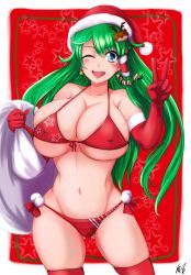 Rule 34 | 1girl, alternate costume, alternate hair ornament, bag, bikini, blue eyes, blush, breasts, christmas, collarbone, covered erect nipples, cowboy shot, earrings, elbow gloves, gloves, gluteal fold, green hair, hair ornament, hand up, hat, highres, hip focus, huge breasts, ibara azuki, jewelry, keiazu, kochiya sanae, large breasts, lips, long hair, looking at viewer, micro bikini, navel, one eye closed, open mouth, pom pom (clothes), red background, red bikini, red gloves, reindeer hair ornament, santa hat, signature, skindentation, smile, snake hair ornament, solo, star (symbol), starry background, string bikini, swimsuit, teeth, thighhighs, thighs, toned, tongue, touhou, v, very long hair