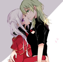 Rule 34 | 2girls, arms around waist, black shirt, byleth (female) (fire emblem), byleth (fire emblem), capelet, closed mouth, dress, edelgard von hresvelg, fire emblem, fire emblem: three houses, green eyes, green hair, grey background, head tilt, hug, imminent kiss, long hair, long sleeves, midriff, multiple girls, nintendo, purple eyes, red capelet, red dress, shirt, short sleeves, side ponytail, silver hair, sketch, smile, swept bangs, toujirou, two-tone background, upper body, white background, yuri