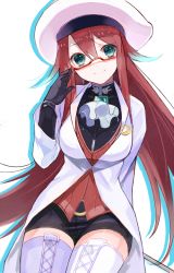 Rule 34 | 1girl, aqua eyes, ascot, aty, aty (summon night), boots, crescent, cross-laced footwear, glasses, hat, long hair, red-framed eyewear, red hair, short shorts, shorts, smile, solo, summon night, summon night 3, summon night 5, thigh boots, thighhighs, yuraiko