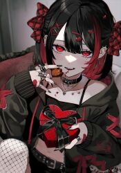 Rule 34 | 1girl, bandaid, belt, black hair, black nails, black theme, chocolate, choker, dripping, ear piercing, hair ornament, heart, highres, holding, jewelry, looking at viewer, maria (maria rose), multicolored hair, nail polish, original, piercing, red eyes, red hair, red theme, ring, solo, teeth, valentine