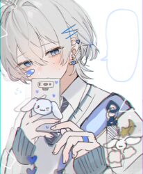 Rule 34 | 1boy, a20190422, androgynous, bandaid, bandaid on cheek, bandaid on face, blank speech bubble, blue eyes, blue necktie, blue sweater, blush, cinnamoroll, collared shirt, earrings, grey hair, hair ornament, hairpin, heart, highres, holding, holding phone, jewelry, long sleeves, multiple earrings, necktie, original, phone, sanrio, shirt, short hair, solo, speech bubble, sweater, white shirt