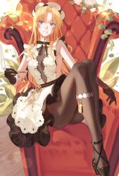 Rule 34 | 1girl, absurdres, ankle strap, azur lane, bare shoulders, black dress, black footwear, black gloves, black ribbon, blonde hair, blue eyes, breasts, brown pantyhose, center opening, chair, closed mouth, cup, dress, flower, full body, gloves, highres, holding, holding cup, key, charm (object), long hair, official alternate costume, on chair, pantyhose, plant, ribbon, rose, see-through, see-through dress, shino pupille, shoes, sitting, sleeveless, sleeveless dress, small breasts, solo, two-tone dress, vanguard (azur lane), vanguard (half-hearted masquerade) (azur lane), white dress, white flower, white headwear, white rose