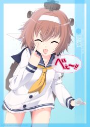 Rule 34 | 1girl, akanbe, artist name, bob cut, brown hair, character name, closed eyes, commentary request, cowboy shot, dress, eyelid pull, facing viewer, finger to eye, headband, headgear, headset, highres, inaba shiki, kantai collection, neckerchief, sailor dress, short hair, solo, speaking tube headset, tongue, tongue out, white headband, yellow neckerchief, yukikaze (kancolle)