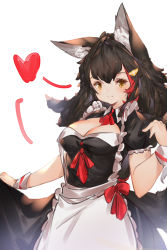 Rule 34 | 1girl, adapted costume, alternate costume, animal ear fluff, animal ears, apron, black dress, black hair, breasts, center opening, cleavage, closed mouth, commentary, cowboy shot, dress, english commentary, enmaided, eyelashes, hair ornament, heart, hololive, long hair, looking at viewer, maid, maid apron, majo (pastamajo), medium breasts, multicolored hair, ookami mio, red hair, red ribbon, ribbon, short sleeves, simple background, skirt hold, smile, solo, streaked hair, two-tone hair, virtual youtuber, white background, wolf ears, wrist cuffs, yellow eyes