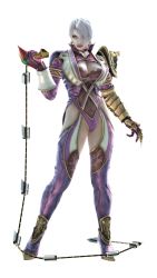 Rule 34 | 1girl, 3d, armor, breasts, cleavage, earrings, hair over one eye, highres, isabella valentine, jewelry, large breasts, lips, namco, official art, simple background, solo, soul calibur, soulcalibur, soulcalibur v, upper body