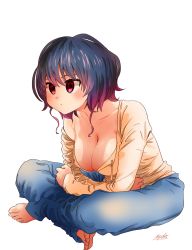 Rule 34 | 1girl, barefoot, blue pants, breasts, breasts day, cleavage, closed mouth, crossed arms, gradient hair, highres, indian style, large breasts, medium hair, multicolored hair, off shoulder, original, pants, purple hair, red eyes, ryusei hashida, shirt, signature, simple background, sitting, solo, toenails, white background, yellow shirt