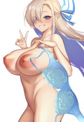 1girl absurdres asuna_(blue_archive) blue_archive blue_bra blue_eyes blue_ribbon blush bra unworn_bra breasts grin hair_over_one_eye hair_ribbon halo highres large_breasts light_brown_hair long_hair looking_at_viewer navel nipples nude psychopolis ribbon smile solo thighs underwear v very_long_hair