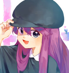 Rule 34 | 1girl, black eyes, black hat, hand on headwear, hand up, hat, heart, kuizhi (the legend of luoxiaohei), long hair, looking at viewer, luo xiaohei zhanji, nyanmu1, open mouth, purple hair, smile, solo, upper body