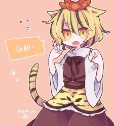 Rule 34 | 1girl, animal ears, animal print, bad id, bad pixiv id, black hair, black ribbon, blonde hair, commentary, cosmicmind, fang, gao, hair ornament, hands up, looking at viewer, multicolored hair, neck ribbon, open mouth, orange background, paw pose, paw print, red shirt, red skirt, ribbon, shirt, simple background, skirt, solo, streaked hair, tail, tiger ears, tiger print, tiger tail, touhou, two-tone hair, white shirt, wide sleeves, yellow eyes