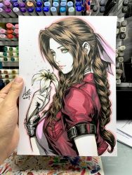 Rule 34 | 1girl, aerith gainsborough, art tools in frame, bow, braid, braided ponytail, brown hair, closed mouth, cropped jacket, dress, final fantasy, final fantasy vii, final fantasy vii remake, flower, from side, green eyes, hair ribbon, highres, holding, holding flower, long dress, long hair, marker (medium), pink bow, pink dress, pink lips, ponytail, ribbon, single braid, stanley lau, traditional media