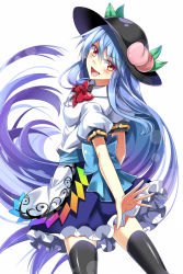 Rule 34 | &gt;:d, 1girl, :d, black thighhighs, blue hair, bow, doyagao, e.o., food, fruit, hat, highres, hinanawi tenshi, long hair, looking at viewer, looking back, open mouth, peach, puffy short sleeves, puffy sleeves, red eyes, sash, shirt, short sleeves, skirt, smile, smug, solo, thighhighs, touhou, v-shaped eyebrows, very long hair, zettai ryouiki