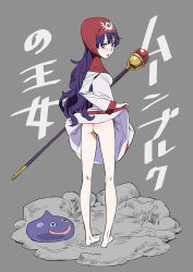 Rule 34 | 1girl, ass, barefoot, black eyes, blush, character name, chunsoft, clothes lift, dragon quest, dragon quest ii, dress, dress lift, enix, hood, kizaki, kneepits, legs, long hair, looking at viewer, looking back, no panties, open mouth, petite, princess of moonbrook, purple hair, slime (dragon quest), staff, standing, translation request