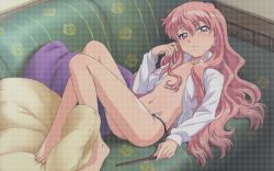 Rule 34 | 1girl, anus, barefoot, black panties, blouse, breasts, casual nudity, cleft of venus, collared shirt, couch, feet, flat chest, full body, hair between eyes, holding, holding hair, indoors, long hair, looking at viewer, louise francoise le blanc de la valliere, navel, nipples, no bra, no pants, nude, open clothes, open mouth, open shirt, panties, pillow, pink eyes, pink hair, pussy, shirt, smile, solo, spread legs, thumbnail surprise, uncensored, underwear, very long hair, wand, white shirt, zero no tsukaima