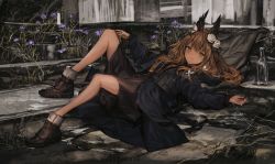 Rule 34 | 1girl, black coat, black dress, boots, bottle, brown eyes, brown hair, butterfly hair ornament, coat, dress, flower, full body, glass bottle, hair between eyes, hair flower, hair ornament, highres, knees up, lavender flower, lavender quartz, lm7 (op-center), long hair, long sleeves, looking at viewer, lying, on back, on ground, outdoors, outstretched arms, rose, short dress, solo, torabishi lana, white flower, white rose