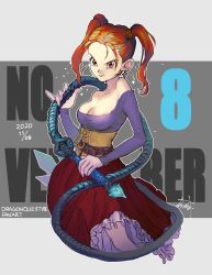 Rule 34 | aretokasoretoka, bare shoulders, beads, belt, breasts, cleavage, collarbone, copyright name, corset, dated, dragon quest, dragon quest viii, earrings, frilled skirt, frills, hair beads, hair ornament, highres, holding, holding whip, jessica albert, jewelry, large breasts, long skirt, long sleeves, off-shoulder shirt, off shoulder, orange hair, purple shirt, red eyes, shirt, skirt, solo, twintails, whip