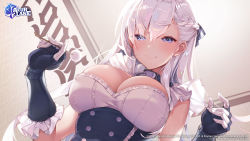Rule 34 | 1girl, apron, azur lane, belfast (azur lane), blush, braid, breasts, broken, broken chain, chain, cleavage, french braid, frilled apron, frilled gloves, frills, gloves, heart, heart-shaped pupils, highres, kanola u, lap pov, large breasts, long hair, looking at viewer, low neckline, maid, maid apron, maid headdress, mimikaki, official art, smile, solo, symbol-shaped pupils, white hair, yostar