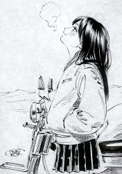 Rule 34 | 1girl, blush, breath, cardigan, cold, commentary request, cowboy shot, from side, greyscale, hand in pocket, highres, hiro (dismaless), honda super cub, lineart, long hair, looking up, medium request, miniskirt, monochrome, motor vehicle, motorcycle, pleated skirt, reiko (super cub), scan, school uniform, signature, sketch, skirt, smile, solo, steam, super cub, traditional media