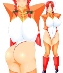 Rule 34 | 1girl, aq interactive, arcana heart, artist request, ass, atlus, blue eyes, blush, bow, braid, breasts, bun cover, cosplay, double bun, embarrassed, examu, from behind, hair bow, hair bun, highres, hong meiling, huge ass, huge breasts, leotard, long hair, looking at viewer, mei-fang, mei-fang (cosplay), shiny clothes, shiny skin, solo, thighhighs, thong, thong leotard, touhou, twin braids