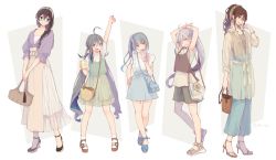 Rule 34 | 5girls, ahoge, alternate costume, arm up, arms up, asashimo (kancolle), ashigara (kancolle), bag, black hair, brown hair, colis, cup, disposable cup, drinking, drinking straw, earrings, full body, glasses, grey hair, hair between eyes, hair over one eye, hair ribbon, hairband, handbag, high heels, holding, jewelry, kantai collection, kasumi (kancolle), kiyoshimo (kancolle), long hair, long skirt, multiple girls, ooyodo (kancolle), open mouth, ponytail, ribbon, sandals, shorts, shoulder bag, side ponytail, skirt, smile, standing, twitter username, two-tone background
