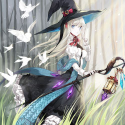 Rule 34 | 1girl, bad id, bad pixiv id, bird, blue eyes, blue scarf, bow, commentary request, crystal, dress, emyo, frilled dress, frills, grass, hair between eyes, hat, hat bow, holding, holding staff, index finger raised, lantern, long dress, long hair, long scarf, looking at viewer, open mouth, original, outdoors, parted lips, pigeon, pointing, pointing up, scarf, silver hair, solo, staff, standing, witch, witch hat