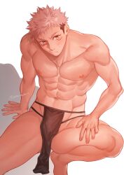 Rule 34 | 1boy, abs, bara, black fundoshi, blush, brown eyes, bulge, ccccc (jpn m0), closed mouth, facial mark, fundoshi, hand on own thigh, highres, itadori yuuji, japanese clothes, jujutsu kaisen, large pectorals, looking at viewer, male focus, muscular, muscular male, navel, nipples, pectorals, pink hair, short hair, solo, squatting, thick thighs, thighs, topless male, twitter username, undercut, white background
