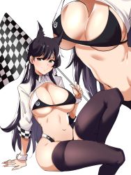 Rule 34 | 1girl, animal ears, arm support, atago (azur lane), atago (stunning speedster) (azur lane), azur lane, bikini, black bikini, black hair, black thighhighs, breasts, checkered flag, cleavage, collared shirt, commentary, english commentary, eyelashes, feet out of frame, flag, hair between eyes, hair ribbon, highres, holding, holding flag, knee up, kukumomo, large breasts, long hair, looking at viewer, looking to the side, multiple views, navel, official alternate costume, race queen, ribbon, shirt, shrug (clothing), simple background, sitting, smile, stomach, straight hair, swimsuit, thighhighs, white background, white ribbon, white shirt, wing collar, wrist cuffs, yellow eyes