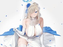 1girl absurdres asuna_(blue_archive) asymmetrical_bangs bare_shoulders blonde_hair blue_archive blue_eyes blue_flower blue_halo blue_petals blue_rose blush breasts bridal_veil bride cleavage clothes_lift dress elbow_gloves falling_petals flower gloves hair_over_one_eye halo halter_dress halterneck highres large_breasts not_forever2w open_mouth petals rose sideboob simple_background smile solo thigh_strap thighhighs veil wedding_dress white_background white_dress white_gloves white_thighhighs