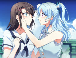 Rule 34 | 2girls, :d, aoiro 050, bang dream!, blue eyes, blue hair, blue ribbon, brown hair, closed mouth, earrings, hair ornament, hair ribbon, hairclip, hand on another&#039;s cheek, hand on another&#039;s face, highres, jewelry, light blue hair, long hair, matsubara kanon, medium hair, multiple girls, okusawa misaki, one eye closed, open mouth, outdoors, purple eyes, ribbon, side ponytail, single earring, smile, sunlight, sweatdrop, upper body