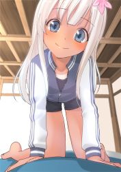Rule 34 | 10s, 1girl, all fours, alternate costume, bare legs, barefoot, black shirt, black shorts, blonde hair, blue eyes, blush, collarbone, head tilt, highres, indoors, jacket, kantai collection, long hair, looking at viewer, masukuza j, remodel (kantai collection), ro-500 (kancolle), shirt, shorts, smile, solo focus, straight hair, tan, thighs, toes, track jacket