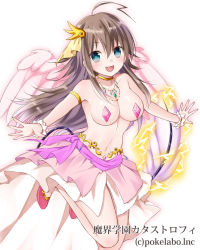 Rule 34 | 1girl, :d, ahoge, blue eyes, breasts, brown hair, choker, fang, feathered wings, hair ornament, jewelry, large breasts, long hair, looking at viewer, lots of jewelry, makai gakuen catastrophe, navel, necklace, official art, open mouth, original, outstretched arms, pasties, purin jiisan, skirt, smile, solo, spread arms, tail, wings