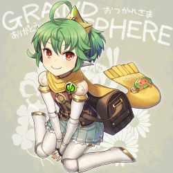 Rule 34 | 1girl, ahoge, android, badge, bag, between legs, blue skirt, brown bag, brown vest, button badge, closed mouth, comette, commentary request, copyright name, doll joints, fingerless gloves, floral background, gears, gloves, grand sphere, green hair, grey background, hair between eyes, hair ornament, hand between legs, itou (onsoku tassha), joints, looking at viewer, o-ring, orange eyes, pin, pleated skirt, pointy ears, ponytail, robot ears, scarf, shoulder bag, sitting, skirt, smile, solo, vest, wariza, yellow scarf