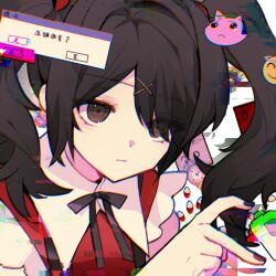 Rule 34 | 1girl, ame-chan (needy girl overdose), black hair, black nails, black ribbon, brown eyes, closed mouth, collared shirt, commentary request, emoji, hair ornament, hair over one eye, hair tie, hairclip, hand up, highres, huizi (daisy02366), long hair, looking at viewer, multicolored nails, neck ribbon, needy girl overdose, pill, pleading face emoji, red nails, red shirt, ribbon, shirt, solo, suspenders, twintails, upper body, window (computing), x hair ornament
