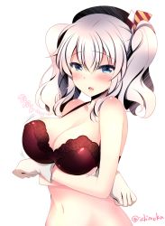 Rule 34 | 1girl, beret, blue eyes, blush, bra, breast lift, breasts, cleavage, collarbone, gloves, hair ornament, hair ribbon, hat, ichiyou moka, kantai collection, kashima (kancolle), large breasts, looking at viewer, navel, open mouth, red bra, ribbon, signature, silver hair, smile, solo, underwear, wavy hair, white gloves