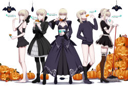 Rule 34 | 1girl, alternate costume, amase (yagami666), artoria pendragon (all), artoria pendragon (fate), bare legs, barefoot, bat (animal), blonde hair, bow, braid, breasts, burger, buruma, chicken (food), choker, cup, cupcake, disposable cup, doughnut, dress, eating, enmaided, fate/grand order, fate/stay night, fate (series), food, french fries, fried chicken, hair bow, highres, jack-o&#039;-lantern, jacket, maid, mop, multiple persona, multiple views, official alternate costume, pantyhose, pumpkin, saber (fate), saber alter, sideboob, small breasts, stuffed animal, stuffed toy, text focus, track jacket, yellow eyes