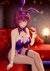 Rule 34 | 1girl, animal ears, couch, covered navel, cup, detached collar, drinking glass, fake animal ears, fate (series), fishnet pantyhose, fishnets, hair intakes, holding, holding cup, indoors, bridal garter, leotard, long hair, official alternate costume, pantyhose, playboy bunny, pouring, pouring onto self, ppshex, purple hair, purple leotard, rabbit ears, red eyes, scathach (fate), scathach (piercing bunny) (fate), sitting, solo, strapless, strapless leotard, wine glass, wrist cuffs