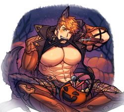 Rule 34 | 1boy, abs, animal ears, bara, bare pectorals, black pants, black tank top, blush, clothes lift, granblue fantasy, green eyes, halloween, halloween costume, highres, jacket, large pectorals, male focus, muscular, muscular male, nipples, official alternate costume, one eye closed, oneirio, open clothes, open jacket, orange jacket, pants, pectorals, short hair, smile, solo, tail, tank top, teeth, twitter username, vane (granblue fantasy), vane (halloween) (granblue fantasy), wolf boy, wolf ears, wolf tail