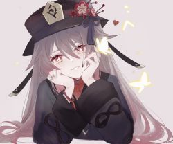 Rule 34 | 1girl, asa (1asa-0-asa1), bad id, bad twitter id, black coat, black hat, blush, breasts, brown hair, bug, butterfly, coat, flower, genshin impact, grin, hat, hat flower, highres, hu tao (genshin impact), insect, jewelry, long hair, long sleeves, looking at viewer, lying, on stomach, plum blossoms, red eyes, ring, small breasts, smile, solo, symbol-shaped pupils, twintails, very long hair