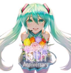 Rule 34 | 1girl, bad id, bad pixiv id, black skirt, blue eyes, blue hair, blush, bouquet, flower, hatsune miku, headset, highres, holding, holding bouquet, long hair, looking at viewer, open mouth, seungju lee, skirt, smile, solo, teeth, twintails, vocaloid