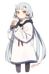 Rule 34 | 1girl, adapted costume, ark kan, black pantyhose, cropped legs, dress, drink, drinking straw, drinking straw in mouth, hair ribbon, holding, holding drink, kantai collection, long hair, long sleeves, murakumo (kancolle), orange eyes, pantyhose, red ribbon, ribbon, silver hair, simple background, solo, tress ribbon, twitter username, white background, white dress