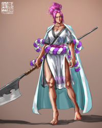 Rule 34 | 1girl, angry, annoyed, bandages, breasts, cape, female focus, highres, japanese clothes, kimono, large breasts, looking up, muscular, muscular arms, muscular female, muscular legs, naginata, no shoes, one piece, orange eyes, original, polearm, purple hair, solo, wanokuni, weapon