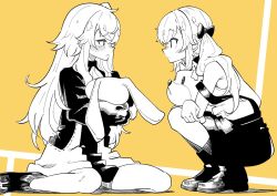 Rule 34 | 2girls, aged down, commentary, full body, girls&#039; frontline, greyscale, holding, holding stuffed toy, long hair, looking at another, monochrome, multiple girls, nakiusagi, official alternate costume, simple background, sitting, squatting, stuffed animal, stuffed toy, symbol-only commentary, ump45 (agent lop rabbit) (girls&#039; frontline), ump45 (girls&#039; frontline), ump9 (girls&#039; frontline), ump9 (shiba investigator) (girls&#039; frontline), wariza, yellow theme