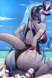 Rule 34 | 1girl, absurdres, ass, back, bare shoulders, beach, black one-piece swimsuit, blue hair, blue sky, blush, body markings, breasts, colored skin, earrings, fate/grand order, fate (series), grey skin, hat, highleg, highleg swimsuit, highres, horns, huge breasts, ibuki douji (fate), ibuki douji (swimsuit berserker) (fate), ibuki douji (swimsuit berserker) (first ascension) (fate), jewelry, long hair, looking at viewer, looking back, multicolored hair, nail polish, one-piece swimsuit, oni, oni horns, parted lips, pink hair, pink hat, pink one-piece swimsuit, pointy ears, ponytail, red eyes, shoes, shore, sidelocks, sitting, sky, sneakers, solo, souma (so u maaaaa), swimsuit, tail, thick thighs, thighs, two-tone swimsuit, visor cap, wariza