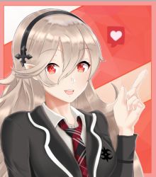 Rule 34 | 1girl, alternate costume, arcedo, black hairband, commission, corrin (female) (fire emblem), corrin (fire emblem), fire emblem, fire emblem fates, hair ornament, hairband, long hair, looking at viewer, nintendo, open mouth, pointy ears, red eyes, school uniform, simple background, smile, solo, tongue, uniform, white background, white hair